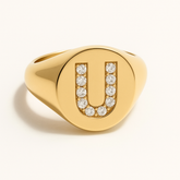 "U" 9ct yellow gold diamond set initial U signet ring